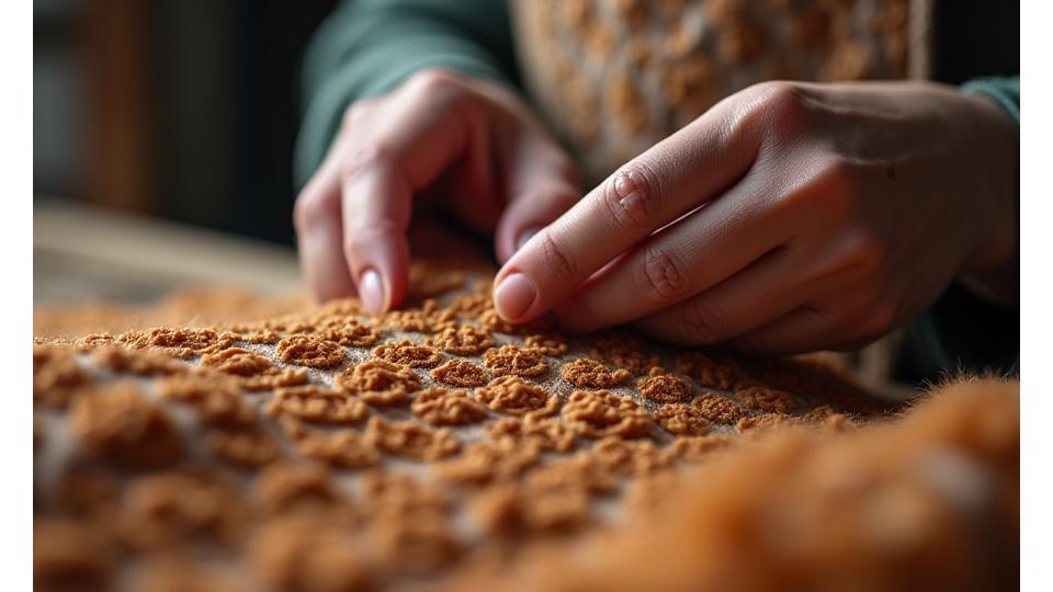 Artisan's hands working on a textile, detail shot with soft lighting.