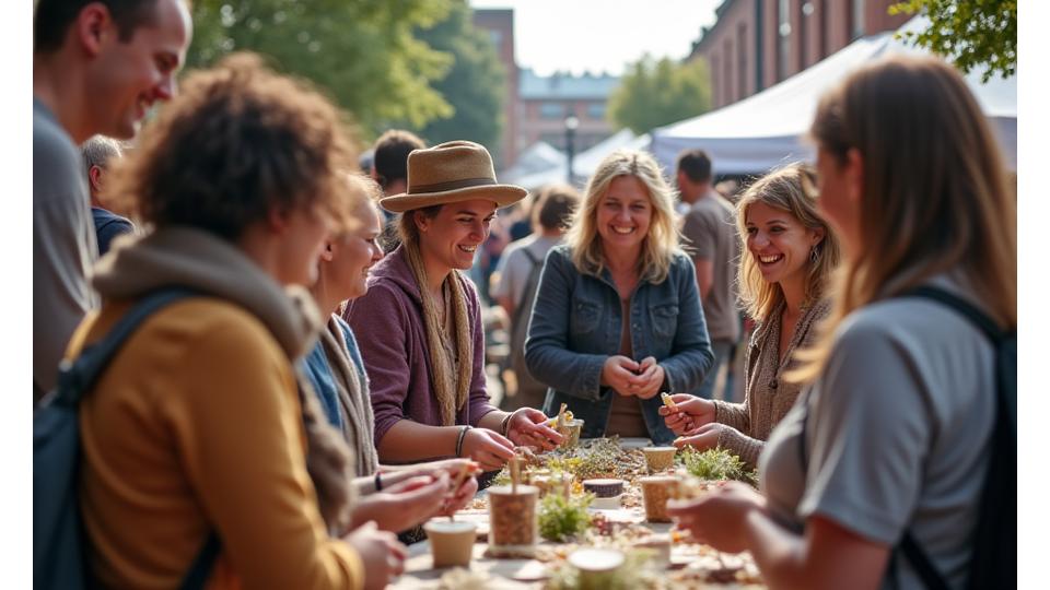 Group of people smiling and interacting at a community event in Manchester, featuring a local craft market.