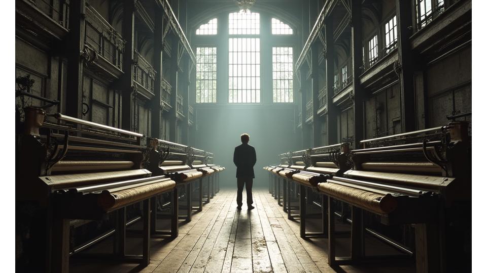 Historic interior of a bustling Manchester textile mill with traditional weaving looms.
