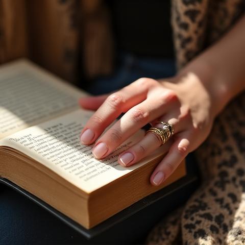 A close-up of a customer's hand adorned with a Hearth & Stitch ceramic ring and bracelet, holding a book in a cozy, sunlit interior.