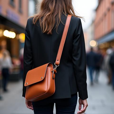 A person wearing a stylish ethical leather cross-body bag by Hearth & Stitch, walking through a vibrant Manchester market.