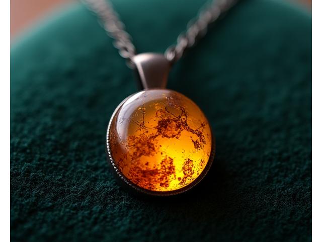 Close-up of a unique amber stone pendant on an oxidized silver chain, showing natural inclusions in the amber.