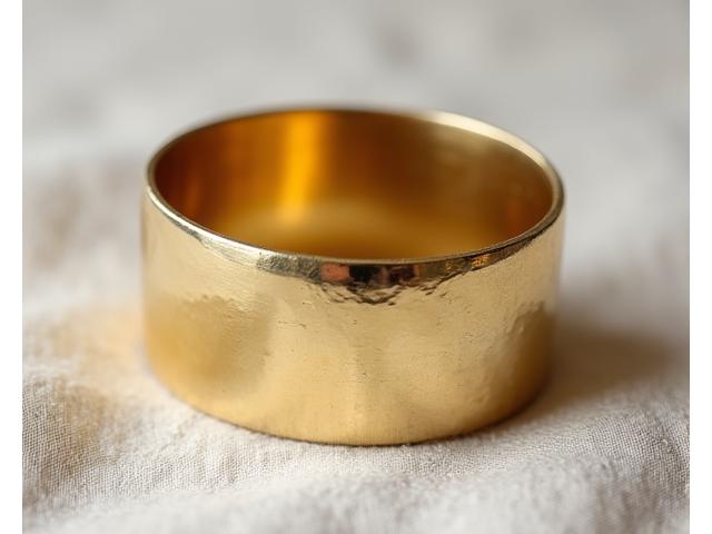 Close-up of a handcrafted brass cuff bracelet with a hammered texture, reflecting warm light.