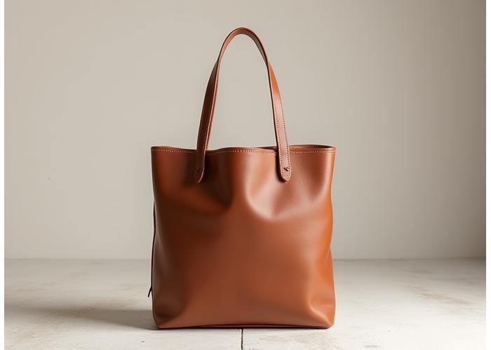 A beautifully crafted, minimalist leather tote bag in a rich, dark brown, placed on a smooth, modern surface.