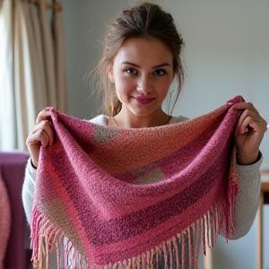 Portrait of Maria Santos, a textile artist, holding a vibrant, hand-dyed scarf, with natural dyes and intricate weaving samples in her background.