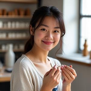 Portrait of Sarah Chen, a ceramic jewellery designer, in her light-filled Manchester studio surrounded by clay and tools.