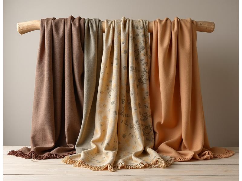 A luxurious display of various handcrafted scarves draped elegantly, showcasing different textures, patterns, and a rich color palette of natural dyes.