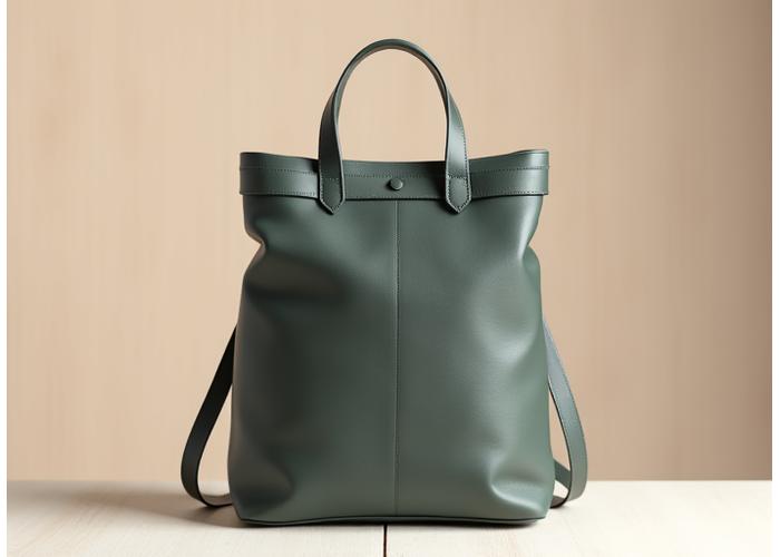 A contemporary, stylish vegan leather backpack in a neutral tone, made from innovative plant-based materials, resting on a clean, light surface.