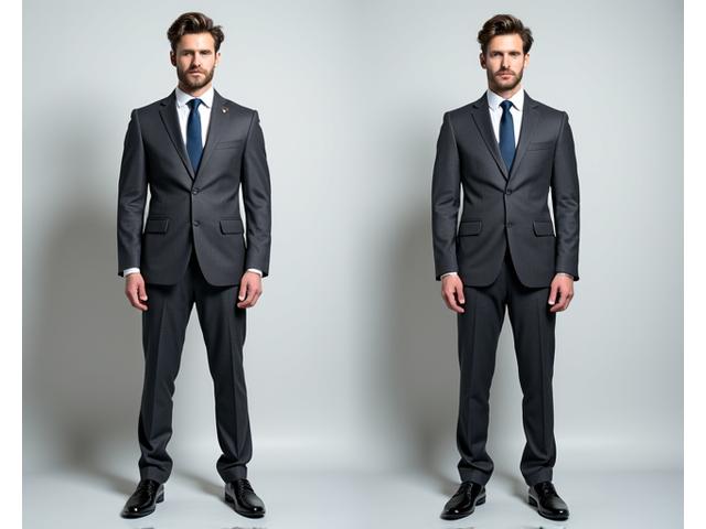 Side-by-side comparison of a suit: before alteration (poor fit) and after alteration (perfect, tailored fit).