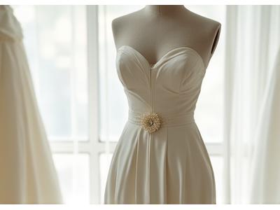 A wedding dress on a mannequin with pins indicating alterations, ready for fitting.