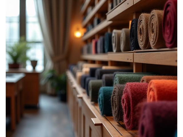 Various rolls of high-quality fabric swatches and textiles neatly arranged in a luxury showroom with warm lighting.