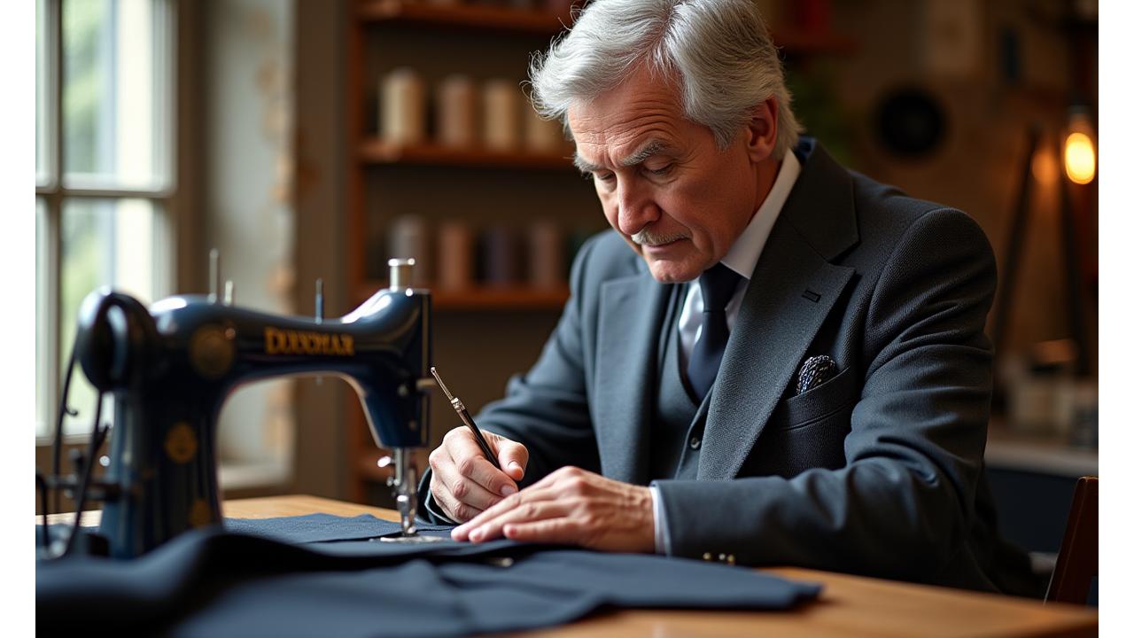 A master tailor meticulously hand-stitching a suit lapel in a brightly lit, classic atelier, showcasing precision and craftsmanship.