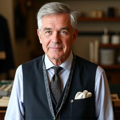 Professional portrait of Elias Thorne, Hearth & Stitch Emporium's Master Tailor, looking distinguished and confident.