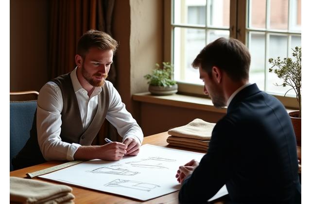 Two people in a bright, modern studio discussing fabric swatches and design sketches on a table.
