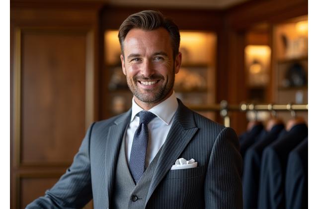 A client proudly wearing their newly completed bespoke suit, looking sophisticated and perfectly fitted.