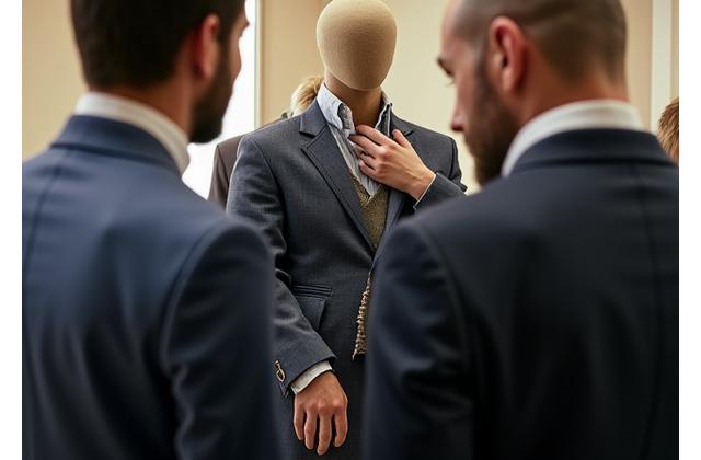 A client trying on a partially constructed suit during a first fitting, with the tailor making notes.