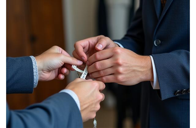 A tailor taking precise measurements of a client using a tape measure, focusing on detail.