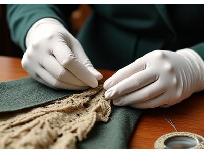 An old, vintage garment being carefully restored by a tailor's hands, showing delicate work.