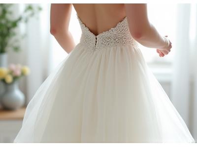 A beautiful wedding dress flowing elegantly, with faint background of tailor's hands.