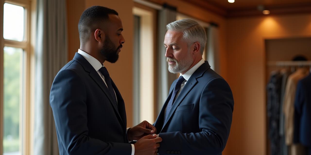 A professional tailor gently adjusting a garment on a client in a well-lit, elegant fitting room. The scene conveys trust, precision, and personalized service.