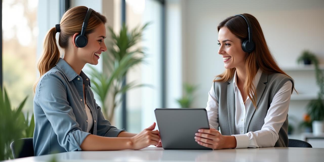 A friendly, professional customer service representative smiling while assisting a client at a refined desk. The atmosphere is warm and approachable, suggesting attentive care and problem-solving.