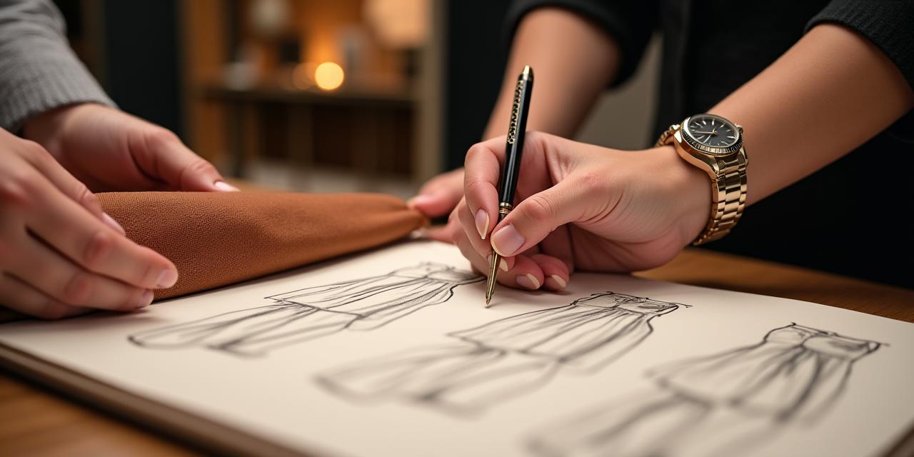 A close-up of two hands, one holding a beautifully textured fabric swatch and the other a pen, gesturing over a design sketch. The background shows a softly blurred, elegant interior of a boutique with warm lighting. Focus on detail and collaboration.