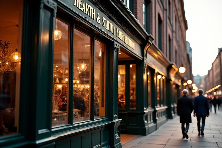 Elegant storefront of Hearth & Stitch Emporium on a bustling Manchester street, showcasing classic British architecture with a modern touch. Warm lights glow from within, inviting customers. Clear signage 'Hearth & Stitch Emporium'.