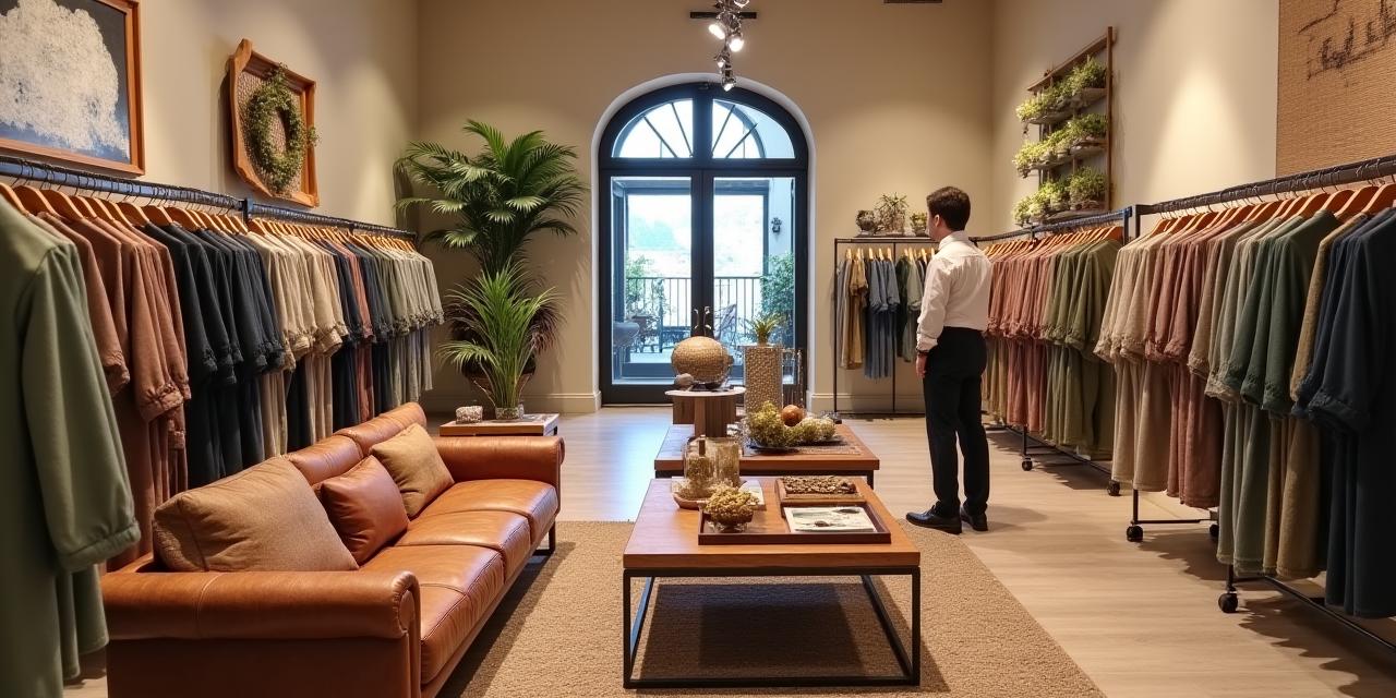 An inviting interior of Hearth & Stitch Emporium, showcasing elegant displays of curated garments and artisanal accessories. Soft, warm lighting, comfortable seating areas, and attentive staff in the background. High-quality natural materials visible.