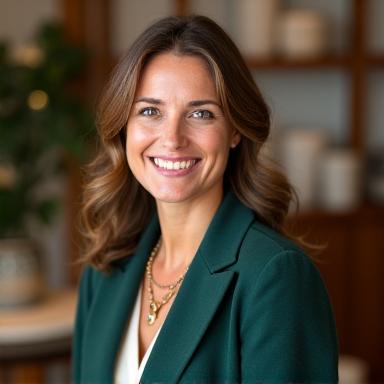 Photo of Emma Richardson, Founder of Hearth & Stitch Emporium, a woman in her late 30s with warm, intelligent eyes, dressed in classic, sophisticated attire, smiling genuinely in a well-appointed boutique setting.
