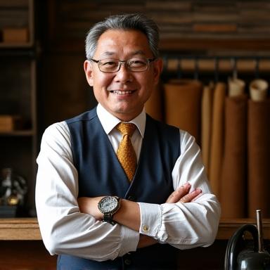 Photo of James Chen, Master Tailor at Hearth & Stitch Emporium, a meticulous man in his 50s with keen eyes and a gentle smile, standing confidently beside a vintage sewing machine, surrounded by fine fabrics in his tailoring studio.