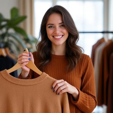 Photo of Sarah Williams, Style Consultant at Hearth & Stitch Emporium, a vibrant woman in her late 20s or early 30s with a warm, approachable smile, holding a garment on a hanger, standing amidst stylish clothing racks in a modern boutique setting.