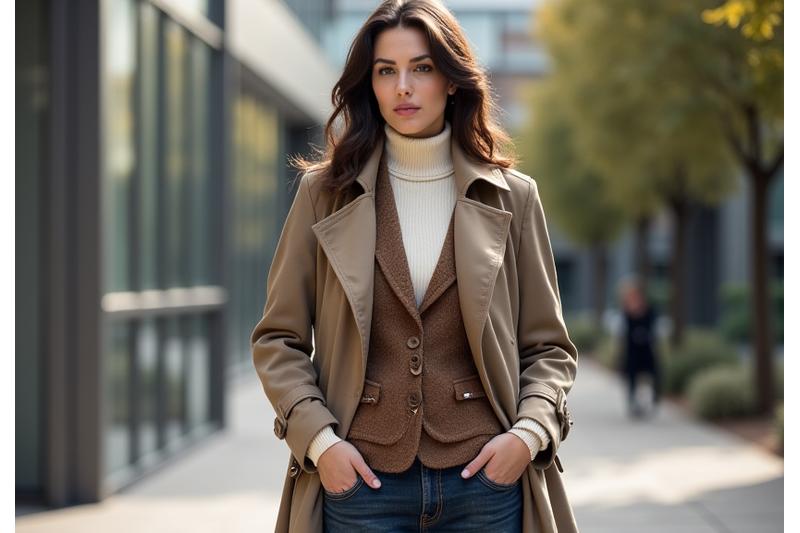 Stylishly layered outfit featuring a trench coat, a tailored waistcoat, and a fine knit, demonstrating sophisticated layering for cold weather.