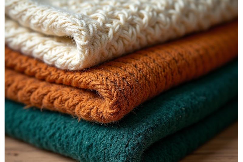 Close-up of a luxurious, textured wool coat in a rich, warm brown, paired with a soft knit, highlighting tactile fabrics.