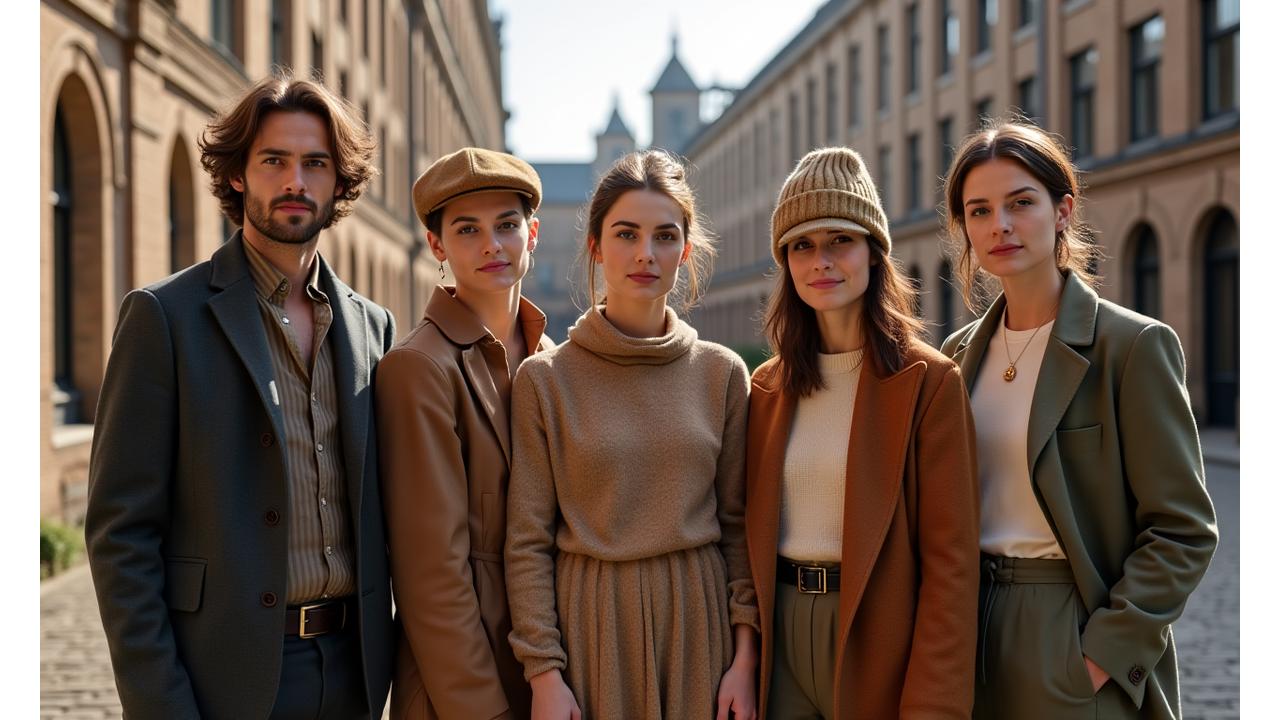 Group of diverse models wearing stylish, ethically sourced fashion from Hearth & Stitch Emporium's latest seasonal collection. Clothing features natural textures and warm earth tones, reflecting a sophisticated British heritage feel.