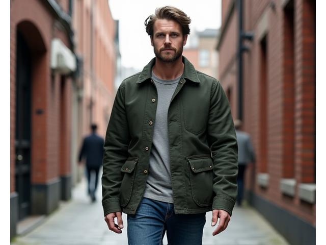 Man casually strolling through a Manchester street in a stylish, durable wax cotton overshirt and selvedge denim jeans.