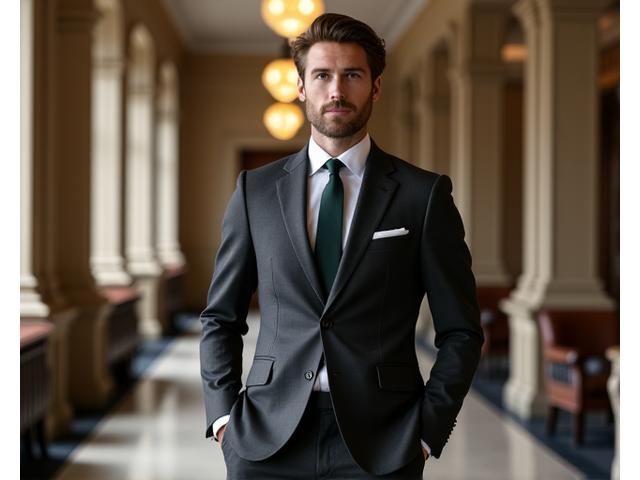 Man wearing a sharply tailored, charcoal wool suit with fine details, exuding sophistication and classic British style.