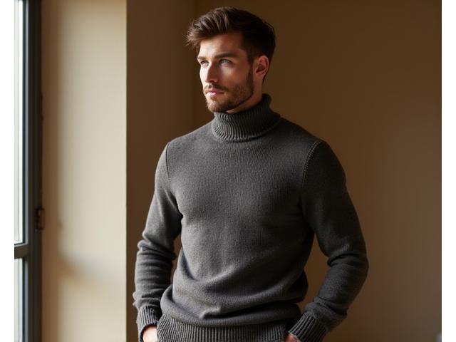 Man posing thoughtfully in a cozy, merino wool roll neck sweater, showcasing fine texture and classic design.