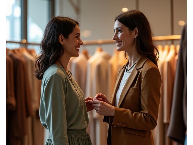 A professional stylist assisting a client in a stylish boutique setting, surrounded by curated apparel. The client looks engaged and happy.