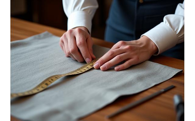 Close-up of a tailor's hands meticulously measuring garment fabric, with a measuring tape and thread, symbolizing precision and custom fit.
