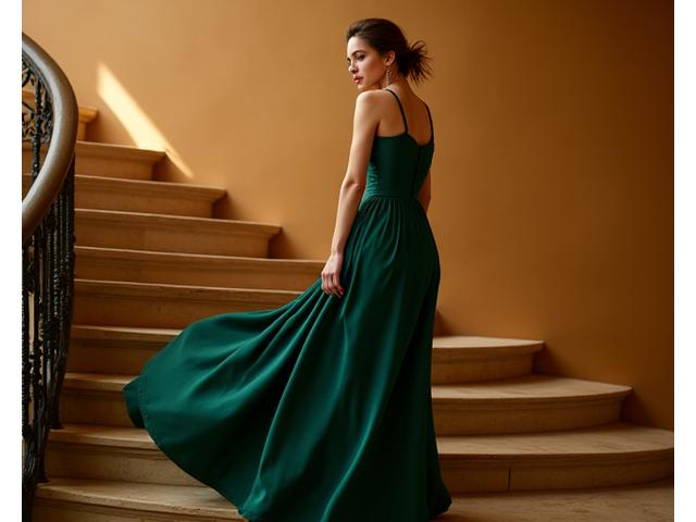 Woman elegantly posing in a flowing, sustainable silk blend gown for an evening occasion, with soft, romantic lighting.