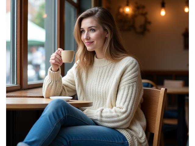 Woman enjoying a coffee at a Manchester cafe, wearing a comfortable yet stylish organic cotton knit sweater and recycled denim jeans.
