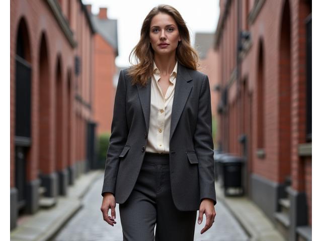 Woman in a tailored, ethically sourced blazer and wide-leg trousers, standing in an elegant Manchester city setting.