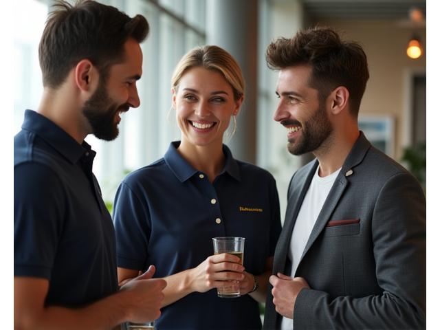 Employees in a modern office environment wearing branded corporate uniforms, featuring a subtly integrated company logo, reflecting a professional and cohesive brand image.
