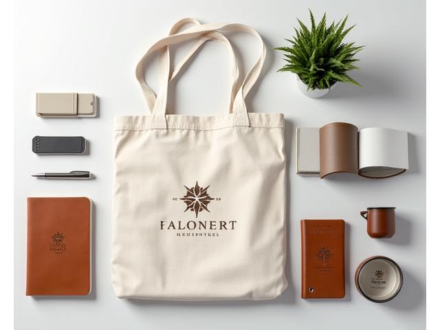 A collection of branded corporate merchandise, including a mug, pen, and notebook, along with a custom-printed tote bag incorporating a company logo and brand colours, suitable for marketing events.