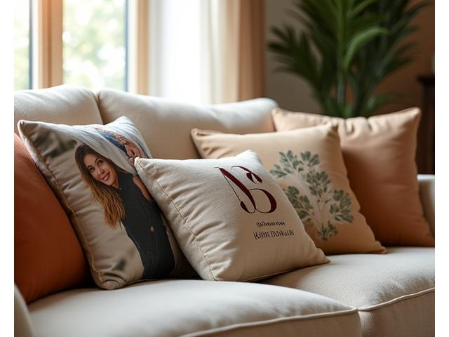 A luxurious living room scene with an array of custom-printed cushions on a sofa, featuring various patterns, personal photos, and abstract designs, creating a personalized and inviting atmosphere.