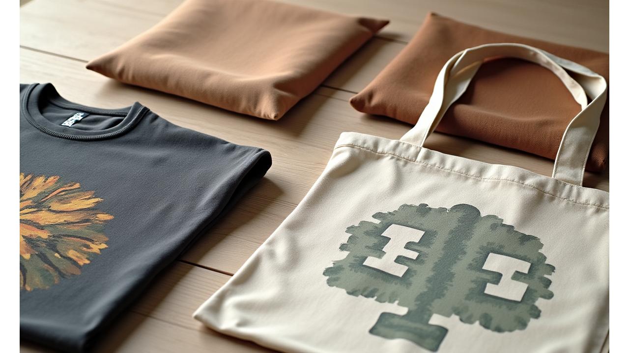 A vibrant display of custom printed textiles including a t-shirt with a unique design, a personalized cushion, and a branded tote bag, showcasing diverse applications. Each item reflects high-quality detail and rich colors.
