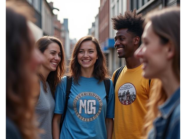 A diverse group of people of various ages and genders happily wearing custom-designed t-shirts, showcasing unique graphics for different events and personal styles.
