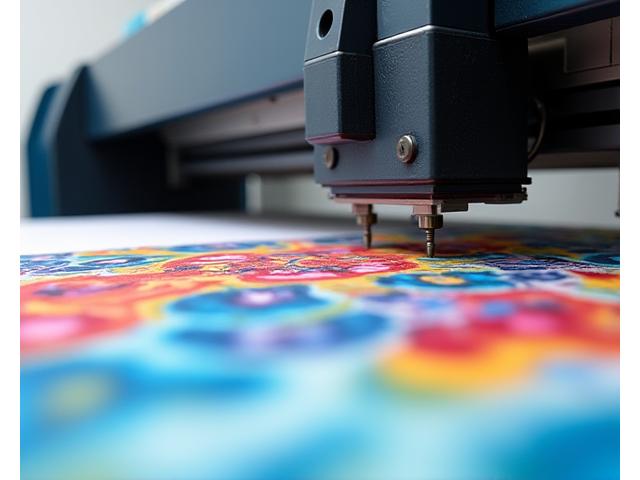 Close-up of a digital textile printer applying vibrant ink to fabric, showing high detail and a broad color spectrum.