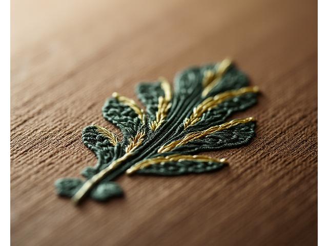 Close-up of intricate embroidery work on fabric, highlighting the textured, raised stitches of a company logo, demonstrating premium finish.