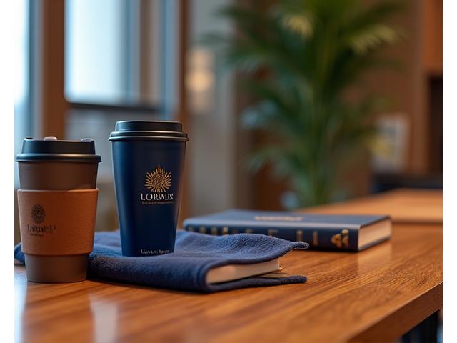 A thoughtfully arranged display of premium employee recognition gifts, such as custom-embroidered jackets, branded laptop sleeves, and a quality journal, signifying appreciation and company pride.